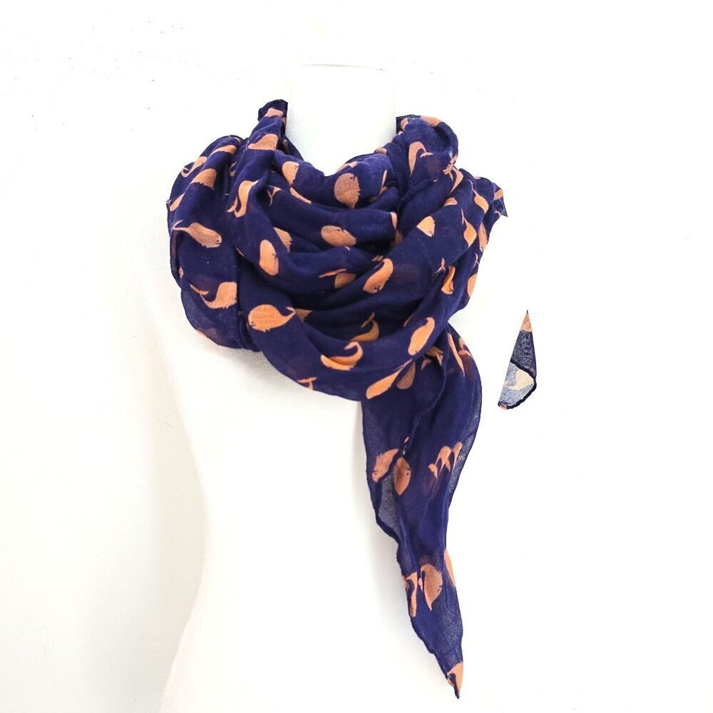 Unisex Navy Blue with Pink Whale Gauzy Scarf Wrap